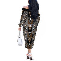 Fiji Brown Masi Pattern Off The Shoulder Long Sleeve Dress Fijian Tapa