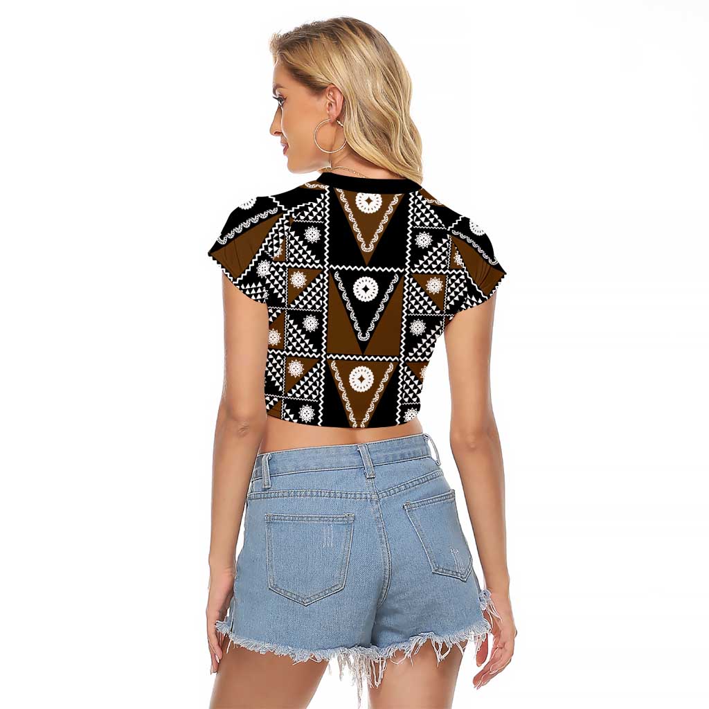 Fiji Brown Masi Pattern Raglan Cropped T Shirt Fijian Tapa LT01 - Polynesian Pride