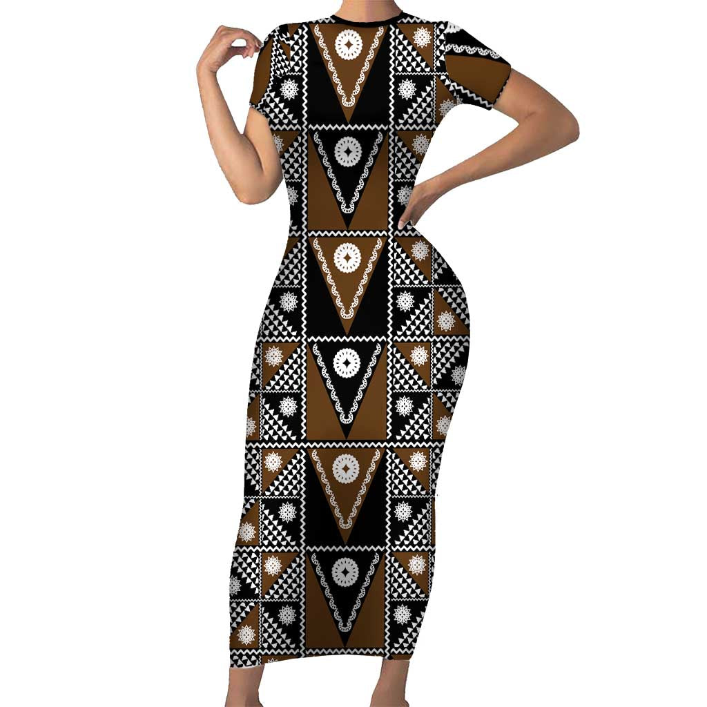 Fiji Brown Masi Pattern Short Sleeve Bodycon Dress Fijian Tapa LT01 Long Dress Brown - Polynesian Pride