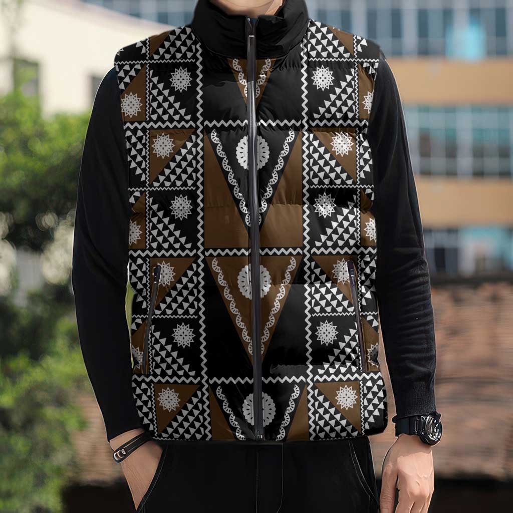 Fiji Brown Masi Pattern Sleeveless Puffer Jacket Fijian Tapa LT01 - Polynesian Pride