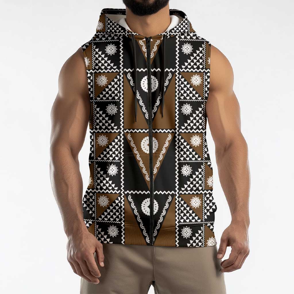 Fiji Brown Masi Pattern Sleeveless Zip Hoodie Fijian Tapa LT01 - Polynesian Pride