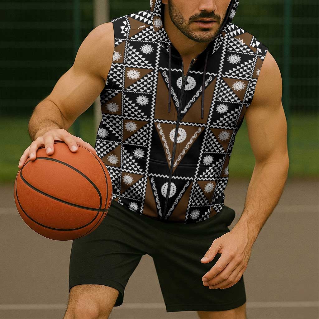 Fiji Brown Masi Pattern Sleeveless Zip Hoodie Fijian Tapa LT01 - Polynesian Pride