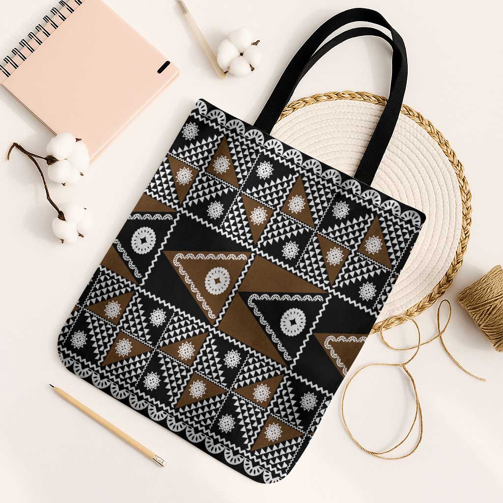 Fiji Brown Masi Pattern Tote Bag Fijian Tapa LT01 Black Strap One Size Brown - Polynesian Pride