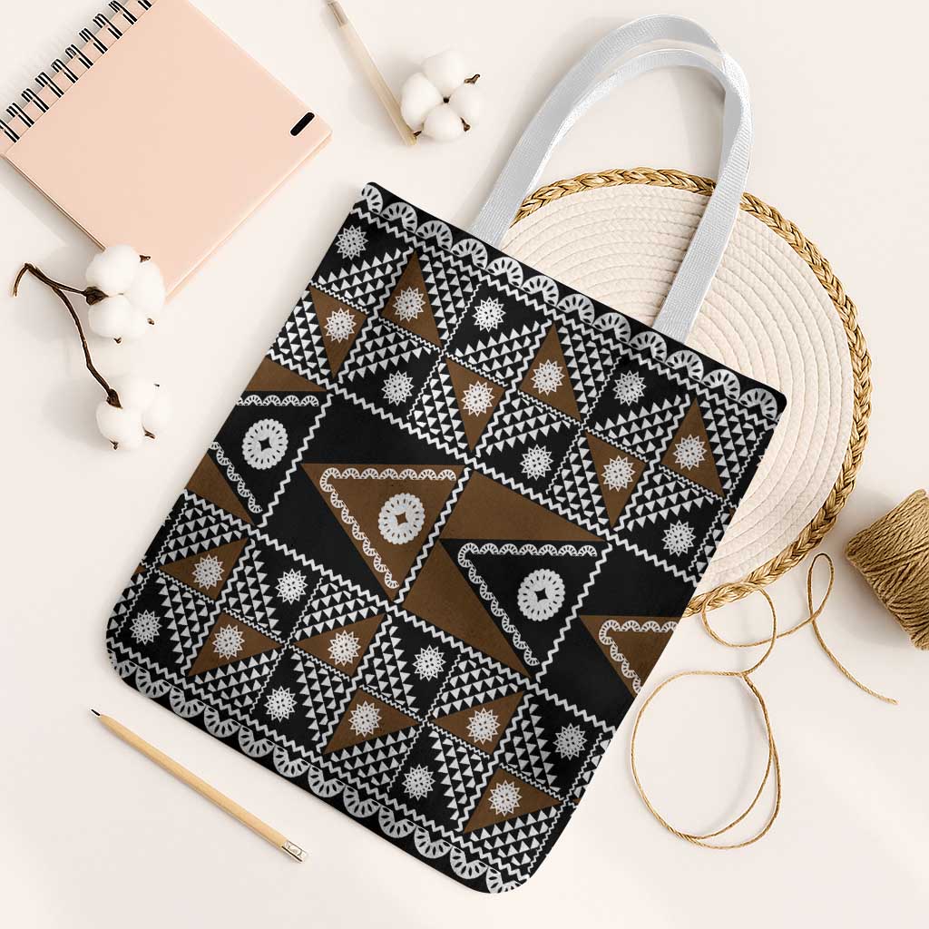 Fiji Brown Masi Pattern Tote Bag Fijian Tapa LT01 White Strap One Size Brown - Polynesian Pride