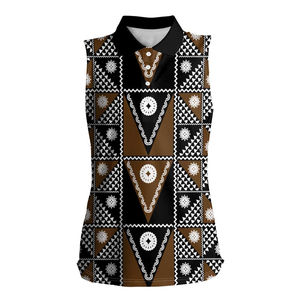 Fiji Brown Masi Pattern Women Sleeveless Polo Shirt Fijian Tapa LT01 Female Brown - Polynesian Pride