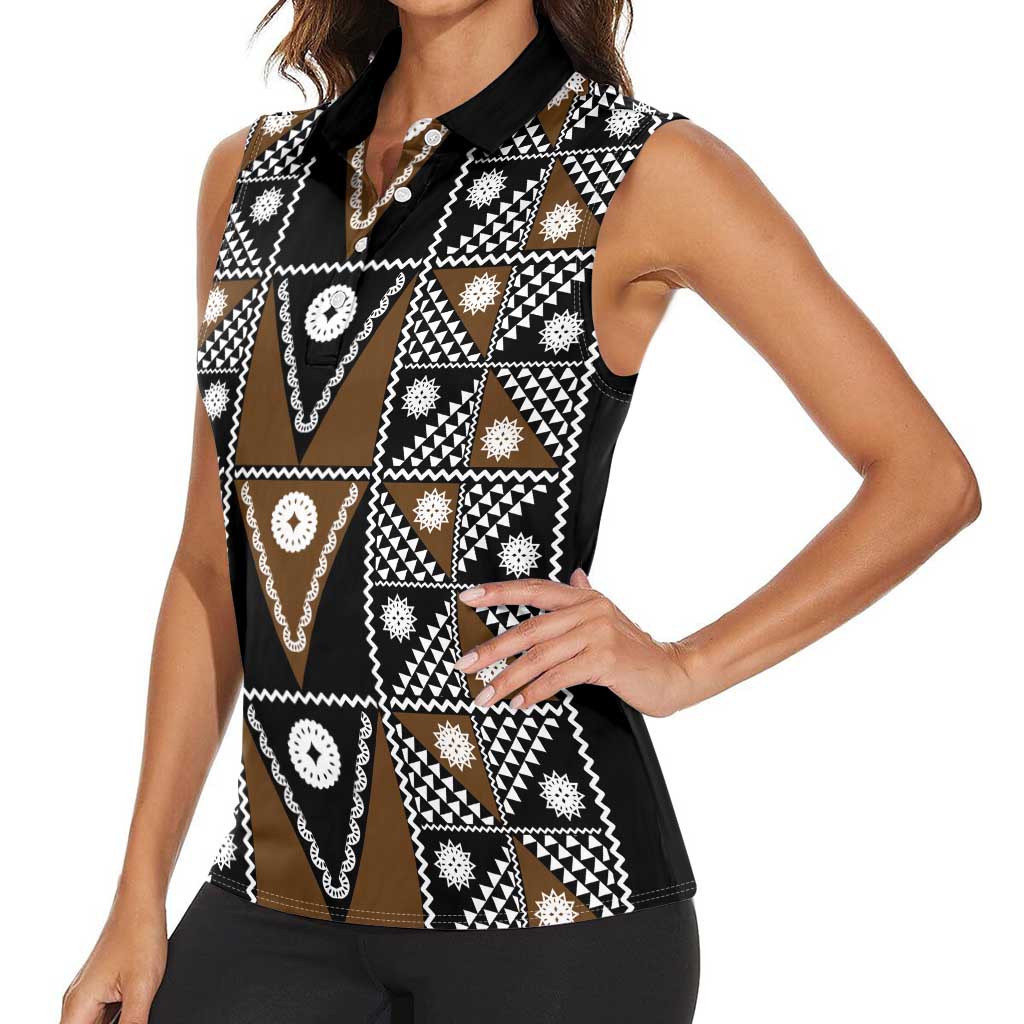 Fiji Brown Masi Pattern Women Sleeveless Polo Shirt Fijian Tapa LT01 - Polynesian Pride