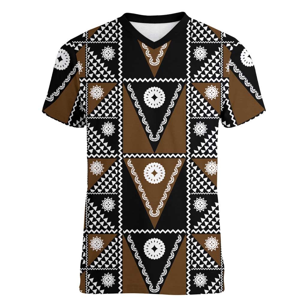 Fiji Brown Masi Pattern Women V-Neck T-Shirt Fijian Tapa LT01 Female Brown - Polynesian Pride