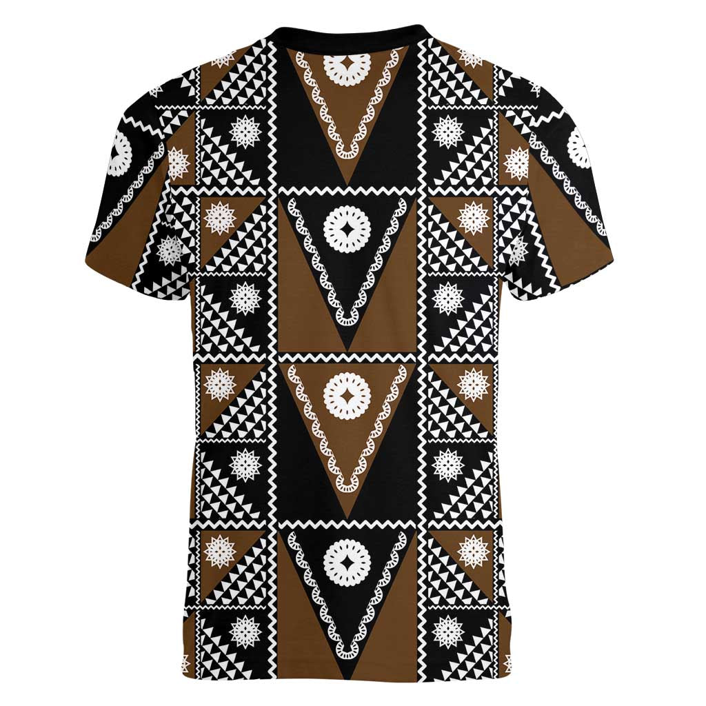 Fiji Brown Masi Pattern Women V-Neck T-Shirt Fijian Tapa