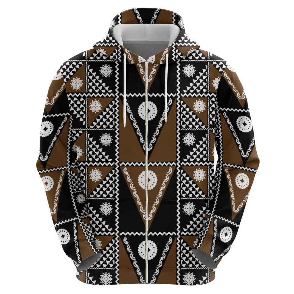 Fiji Brown Masi Pattern Zip Hoodie Fijian Tapa LT01 - Polynesian Pride