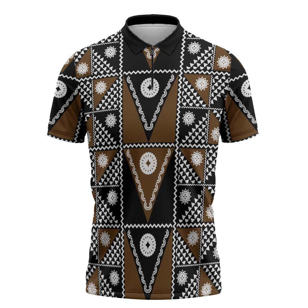 Fiji Brown Masi Pattern Zipper Polo Shirt Fijian Tapa LT01 Brown - Polynesian Pride