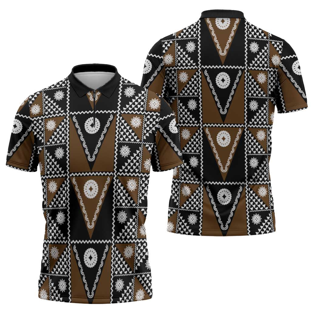 Fiji Brown Masi Pattern Zipper Polo Shirt Fijian Tapa LT01 - Polynesian Pride