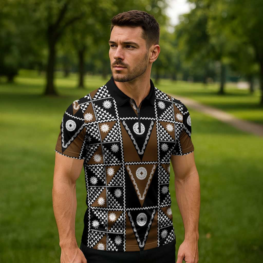 Fiji Brown Masi Pattern Zipper Polo Shirt Fijian Tapa LT01 - Polynesian Pride