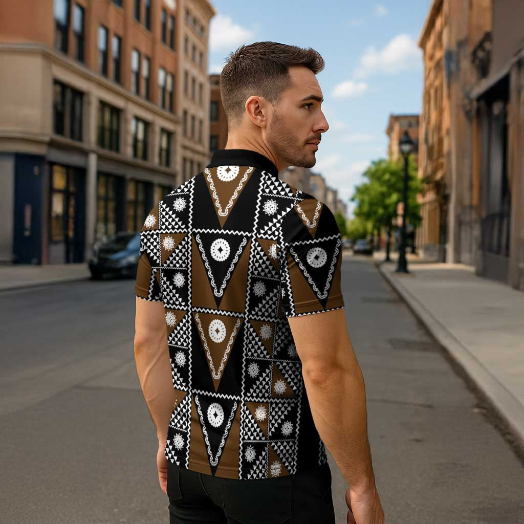 Fiji Brown Masi Pattern Zipper Polo Shirt Fijian Tapa LT01 - Polynesian Pride