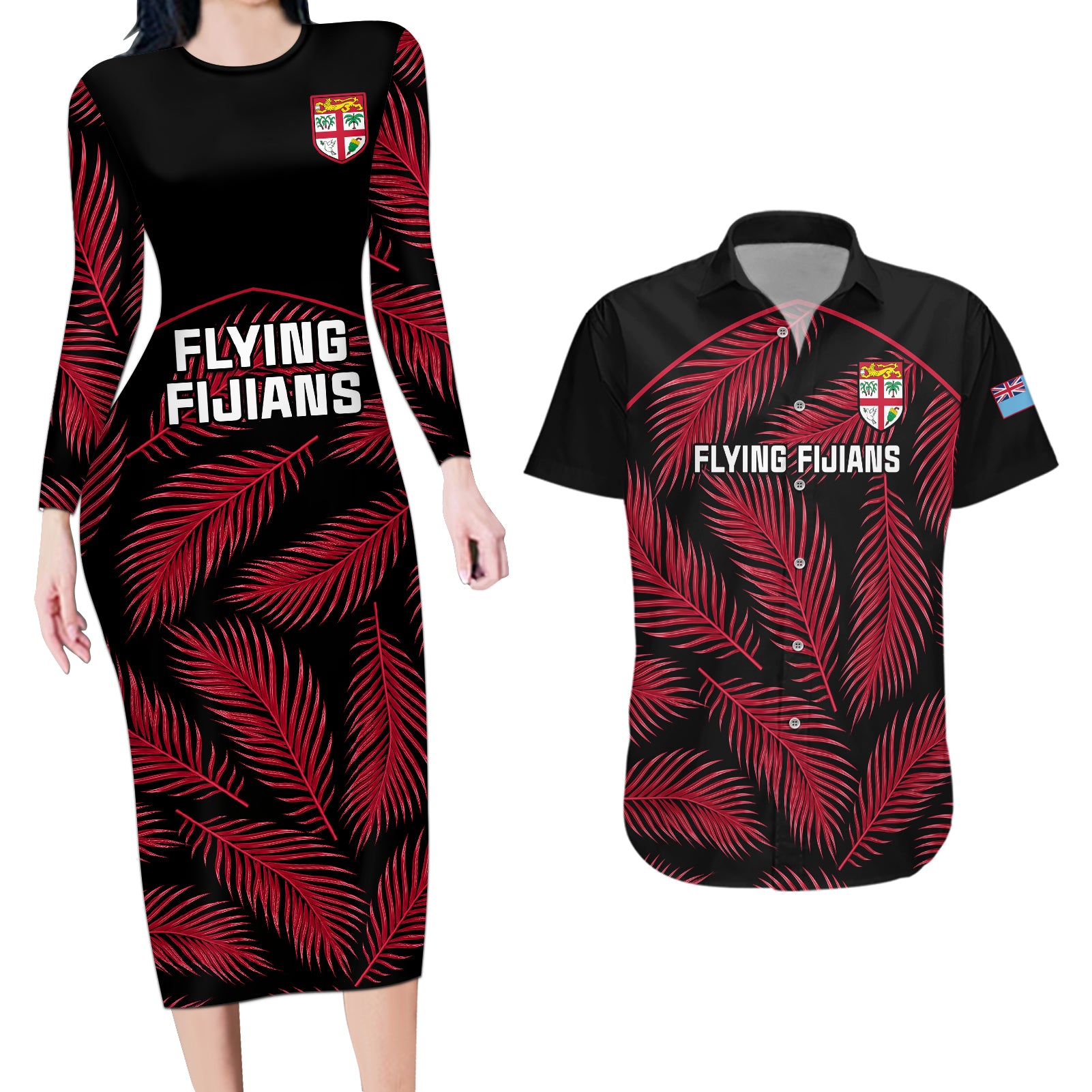 fiji-rugby-couples-matching-long-sleeve-bodycon-dress-and-hawaiian-shirt-flying-fijians-red-palm-tree-version