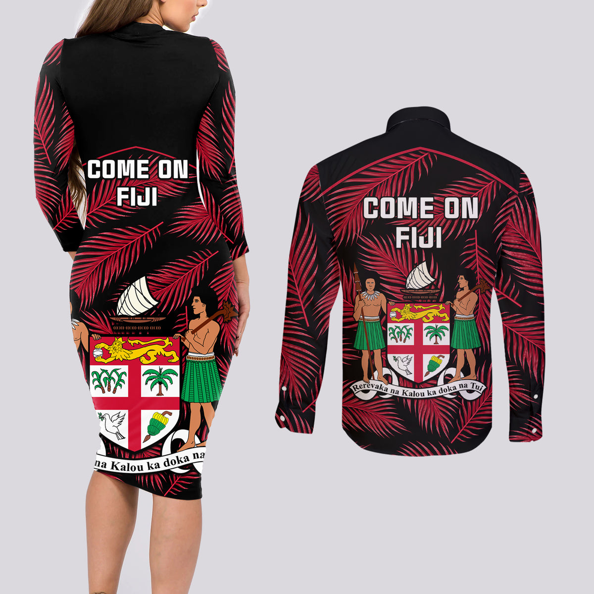 fiji-rugby-couples-matching-long-sleeve-bodycon-dress-and-long-sleeve-button-shirts-flying-fijians-red-palm-tree-version