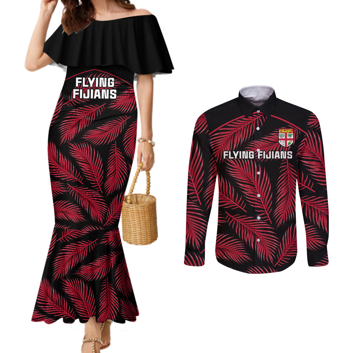 fiji-rugby-couples-matching-mermaid-dress-and-long-sleeve-button-shirts-flying-fijians-red-palm-tree-version