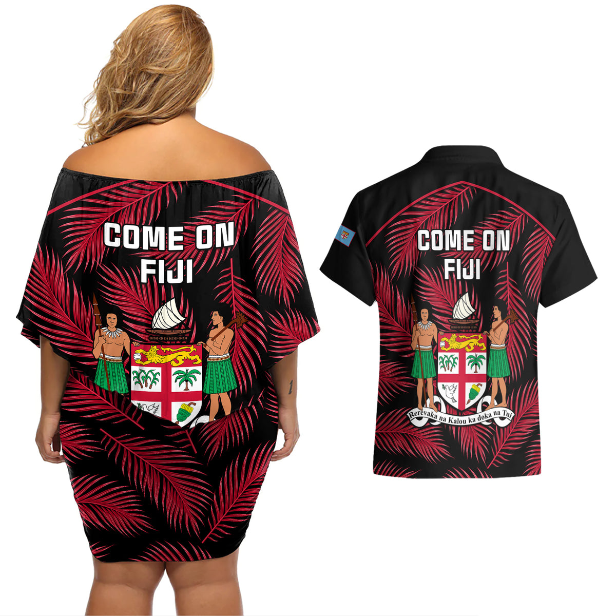 fiji-rugby-couples-matching-off-shoulder-short-dress-and-hawaiian-shirt-flying-fijians-red-palm-tree-version