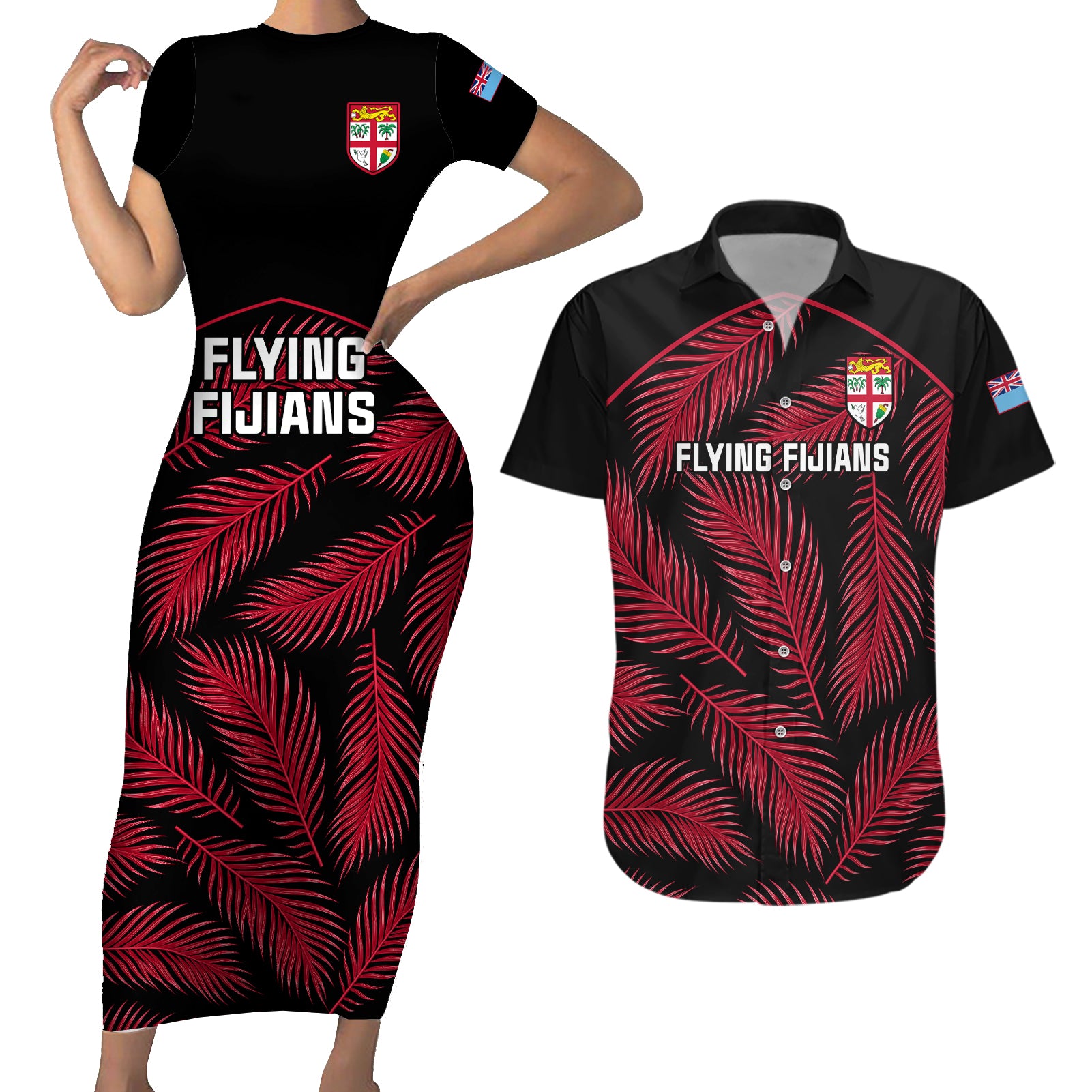 fiji-rugby-couples-matching-short-sleeve-bodycon-dress-and-hawaiian-shirt-flying-fijians-red-palm-tree-version