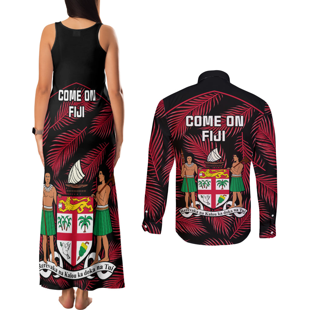 fiji-rugby-couples-matching-tank-maxi-dress-and-long-sleeve-button-shirts-flying-fijians-red-palm-tree-version