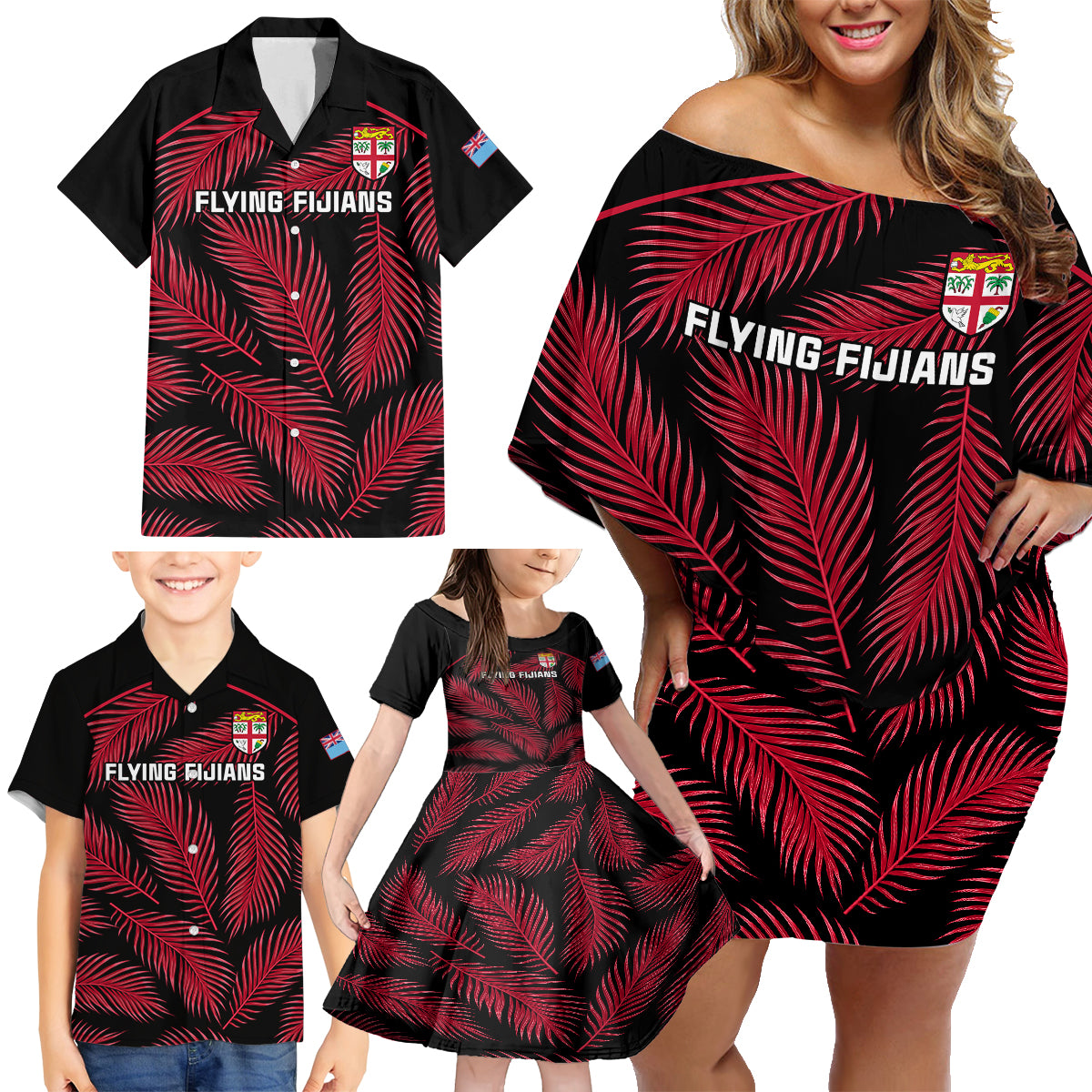 fiji-rugby-family-matching-off-shoulder-short-dress-and-hawaiian-shirt-flying-fijians-red-palm-tree-version