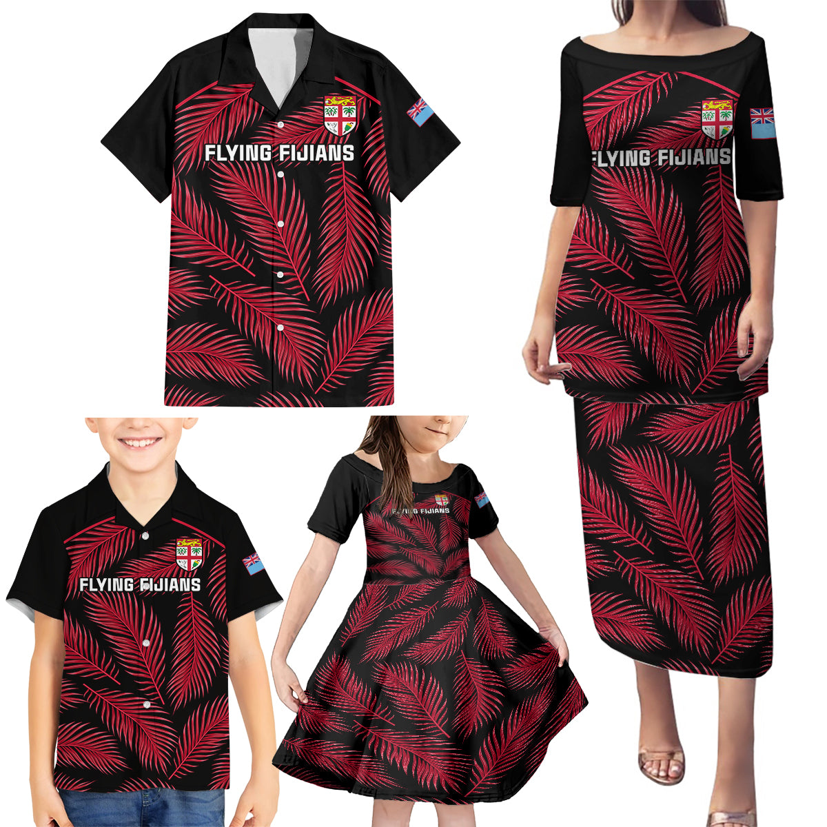 Fiji Rugby Family Matching Puletasi Dress and Hawaiian Shirt Flying Fijians Red Palm Tree Version LT01 - Polynesian Pride