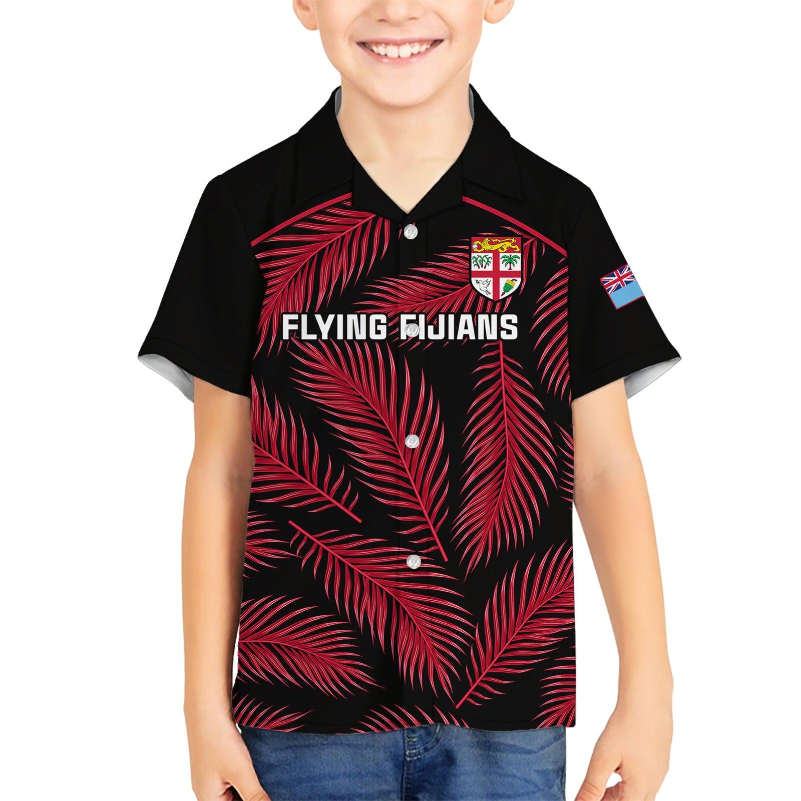 Fiji Rugby Kid Hawaiian Shirt Flying Fijians Red Palm Tree Version LT01 Kid Black - Polynesian Pride