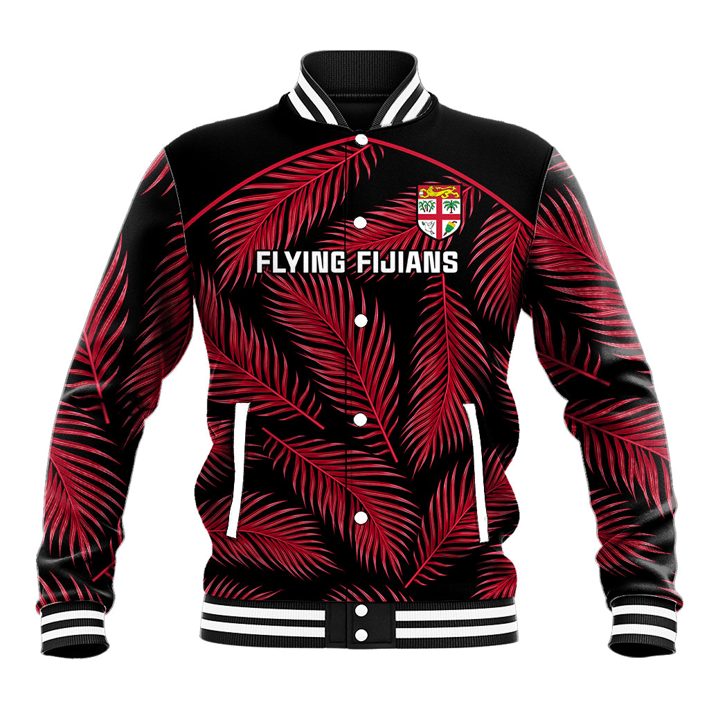 Custom Fiji Rugby Baseball Jacket Flying Fijians Red Palm Tree Version LT01 Unisex Black - Polynesian Pride