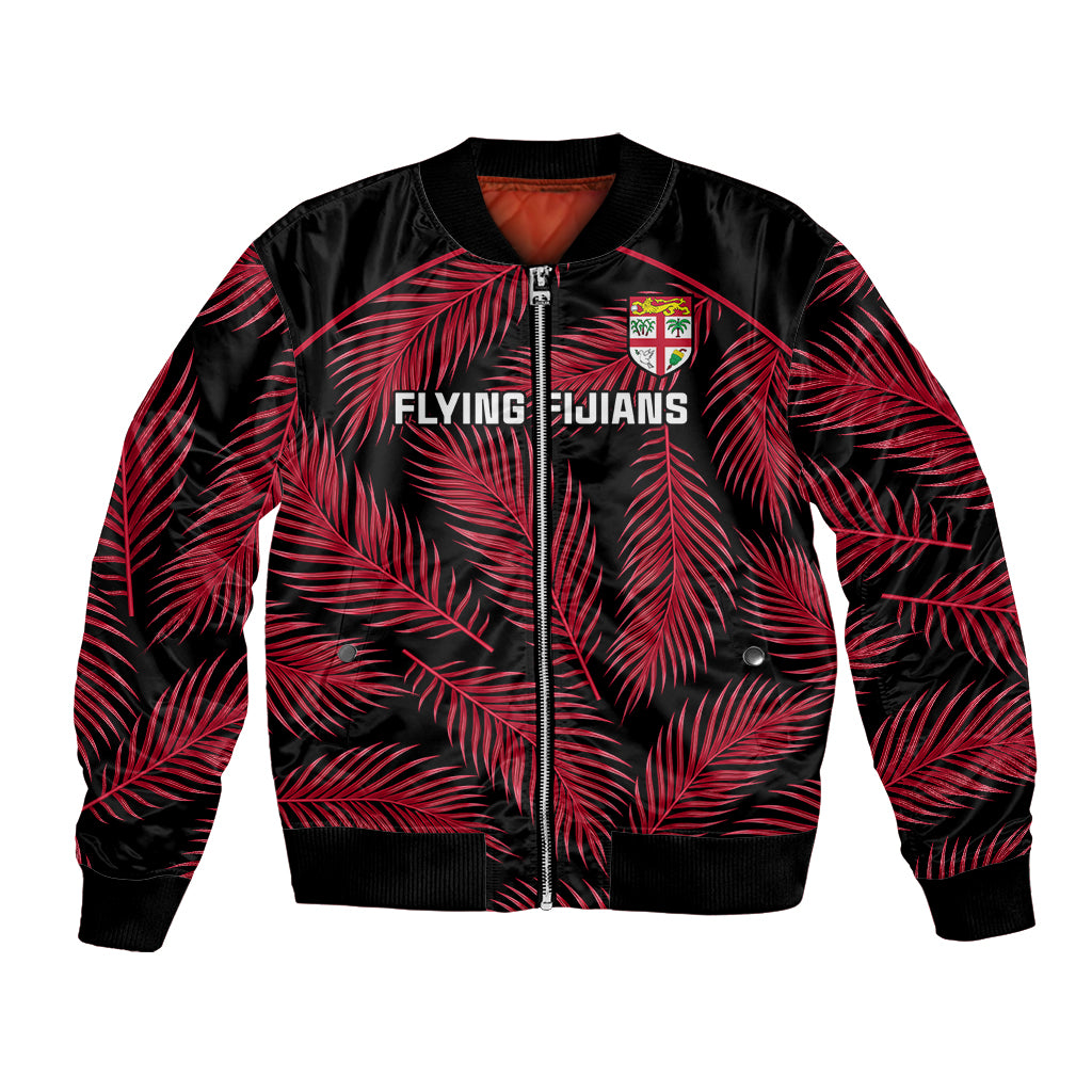 Custom Fiji Rugby Bomber Jacket Flying Fijians Red Palm Tree Version LT01 Unisex Black - Polynesian Pride
