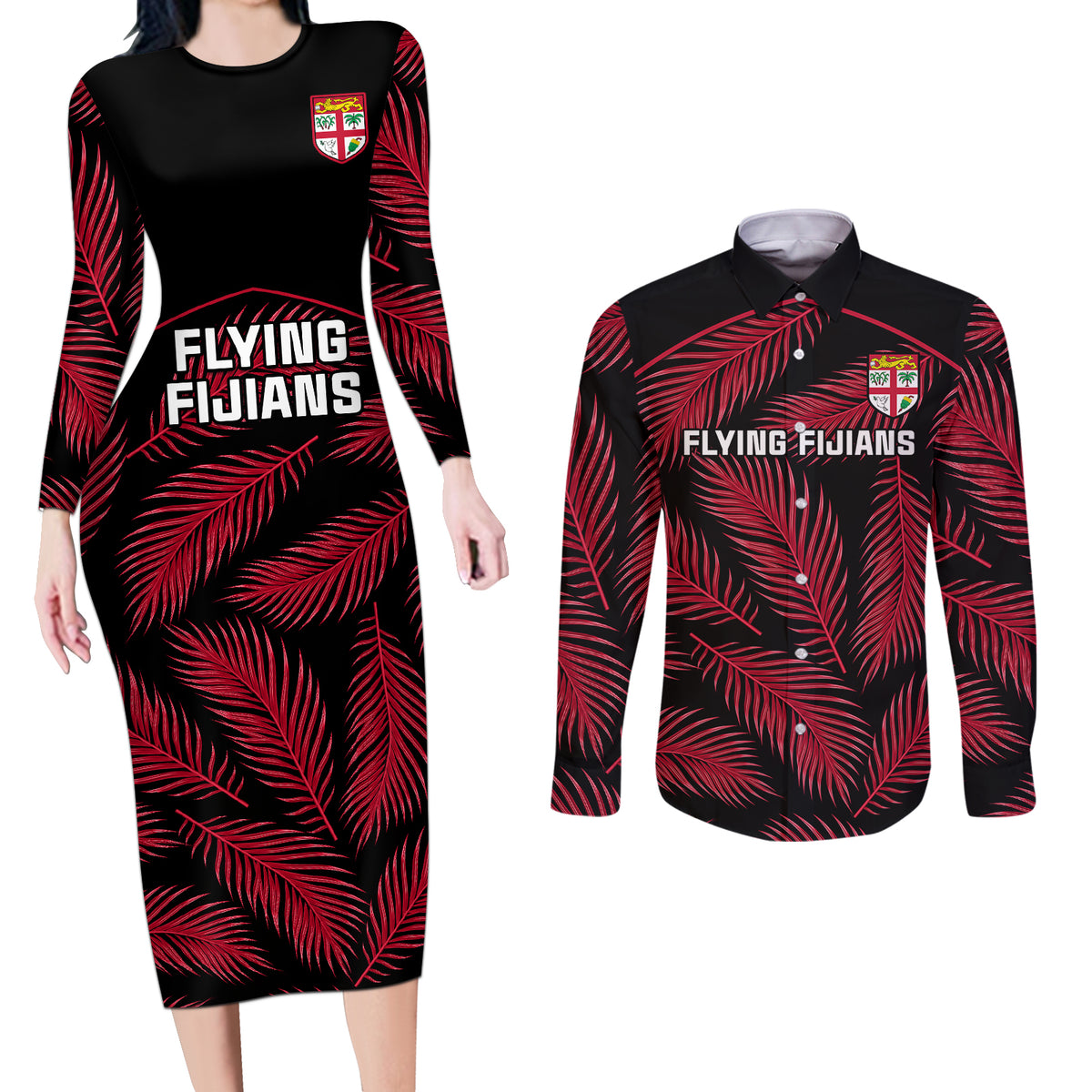 custom-fiji-rugby-couples-matching-long-sleeve-bodycon-dress-and-long-sleeve-button-shirts-flying-fijians-red-palm-tree-version