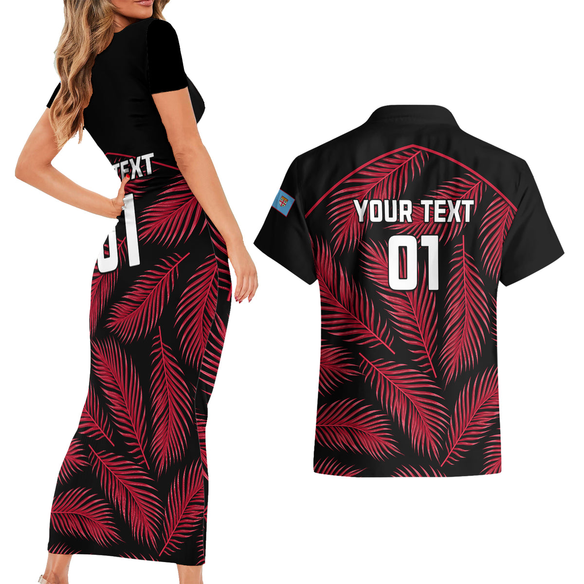 custom-fiji-rugby-couples-matching-short-sleeve-bodycon-dress-and-hawaiian-shirt-flying-fijians-red-palm-tree-version
