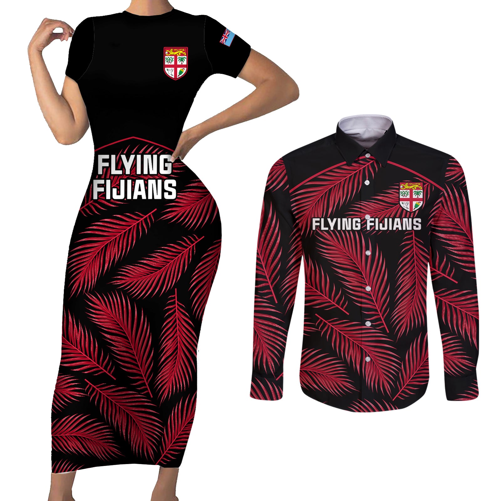 custom-fiji-rugby-couples-matching-short-sleeve-bodycon-dress-and-long-sleeve-button-shirts-flying-fijians-red-palm-tree-version
