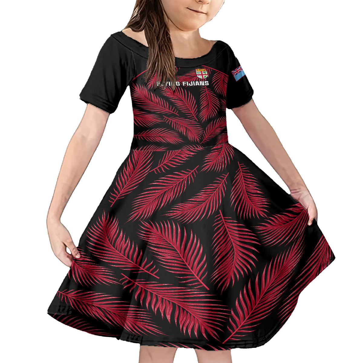 Custom Fiji Rugby Kid Short Sleeve Dress Flying Fijians Red Palm Tree Version LT01 KID Black - Polynesian Pride
