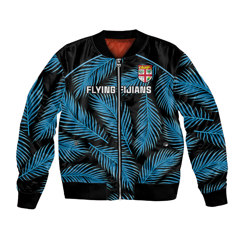 Fiji Rugby Bomber Jacket Flying Fijians Blue Palm Tree Version LT01 Unisex Black - Polynesian Pride