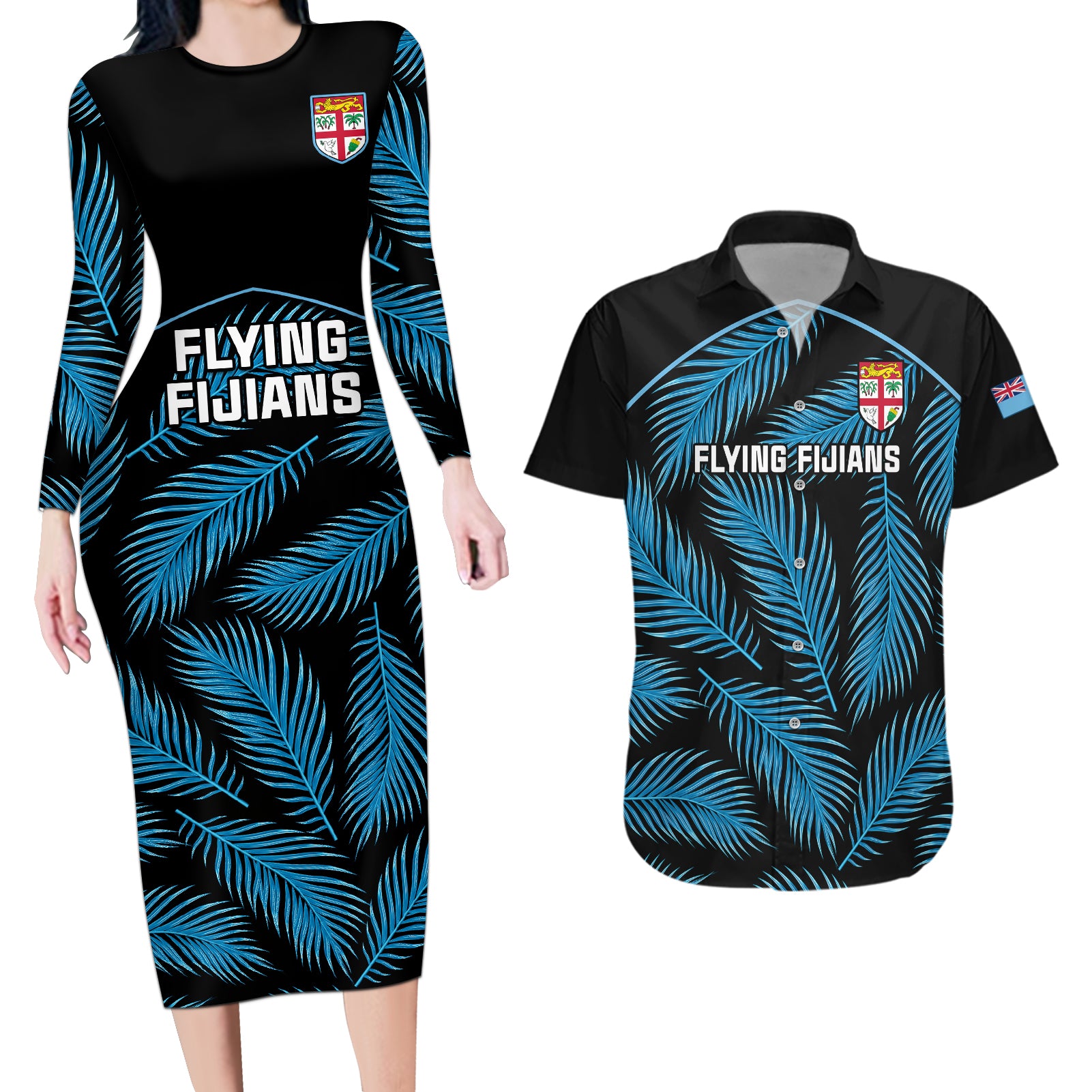 fiji-rugby-couples-matching-long-sleeve-bodycon-dress-and-hawaiian-shirt-flying-fijians-blue-palm-tree-version