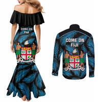 fiji-rugby-couples-matching-mermaid-dress-and-long-sleeve-button-shirts-flying-fijians-blue-palm-tree-version
