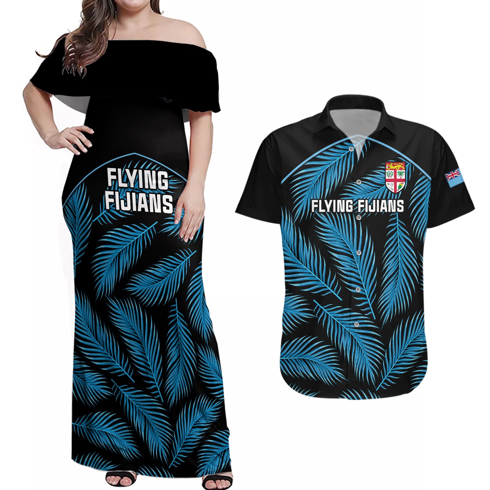 fiji-rugby-couples-matching-off-shoulder-maxi-dress-and-hawaiian-shirt-flying-fijians-blue-palm-tree-version