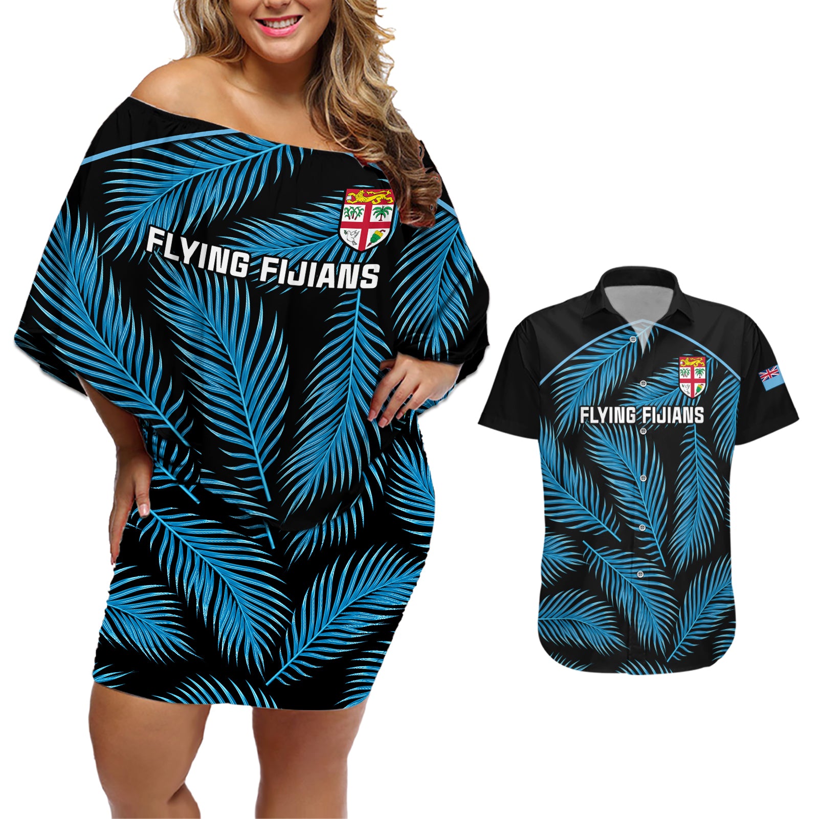 fiji-rugby-couples-matching-off-shoulder-short-dress-and-hawaiian-shirt-flying-fijians-blue-palm-tree-version