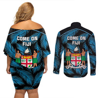 fiji-rugby-couples-matching-off-shoulder-short-dress-and-long-sleeve-button-shirts-flying-fijians-blue-palm-tree-version