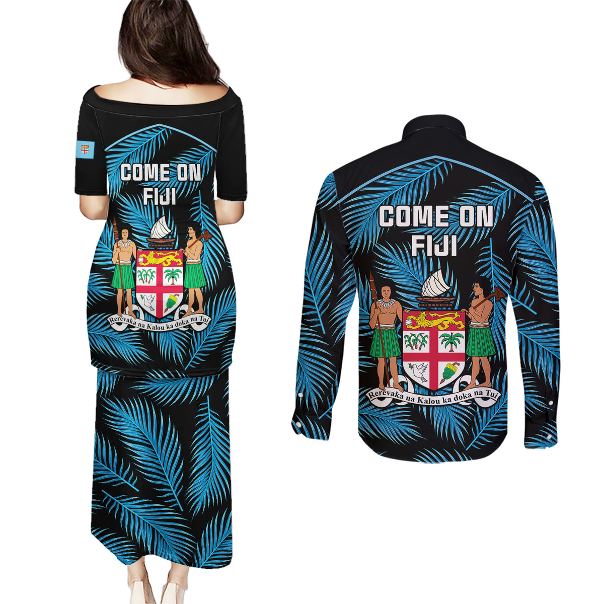 fiji-rugby-couples-matching-puletasi-dress-and-long-sleeve-button-shirts-flying-fijians-blue-palm-tree-version
