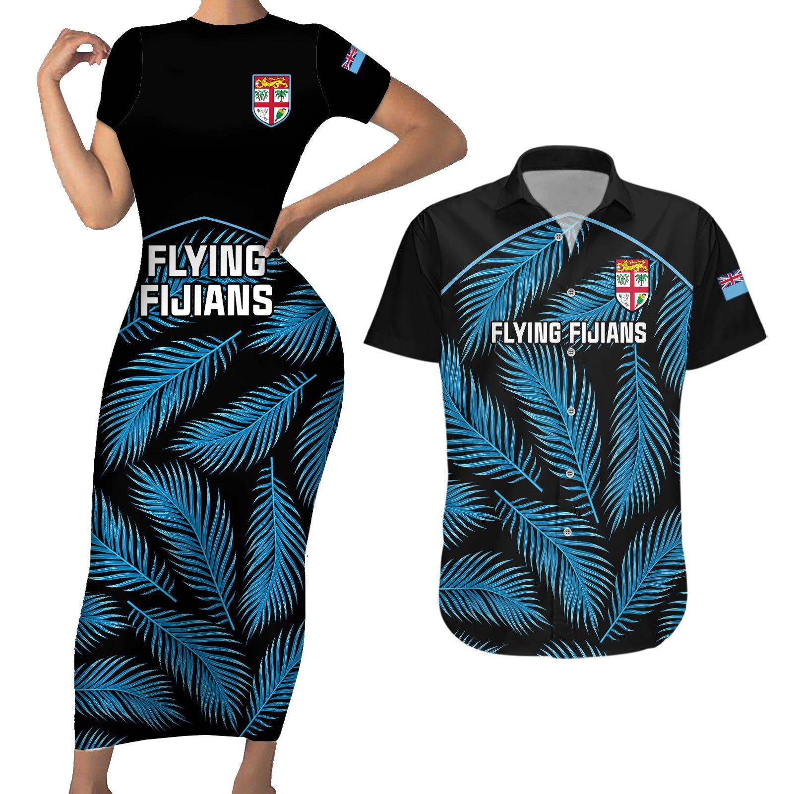 fiji-rugby-couples-matching-short-sleeve-bodycon-dress-and-hawaiian-shirt-flying-fijians-blue-palm-tree-version