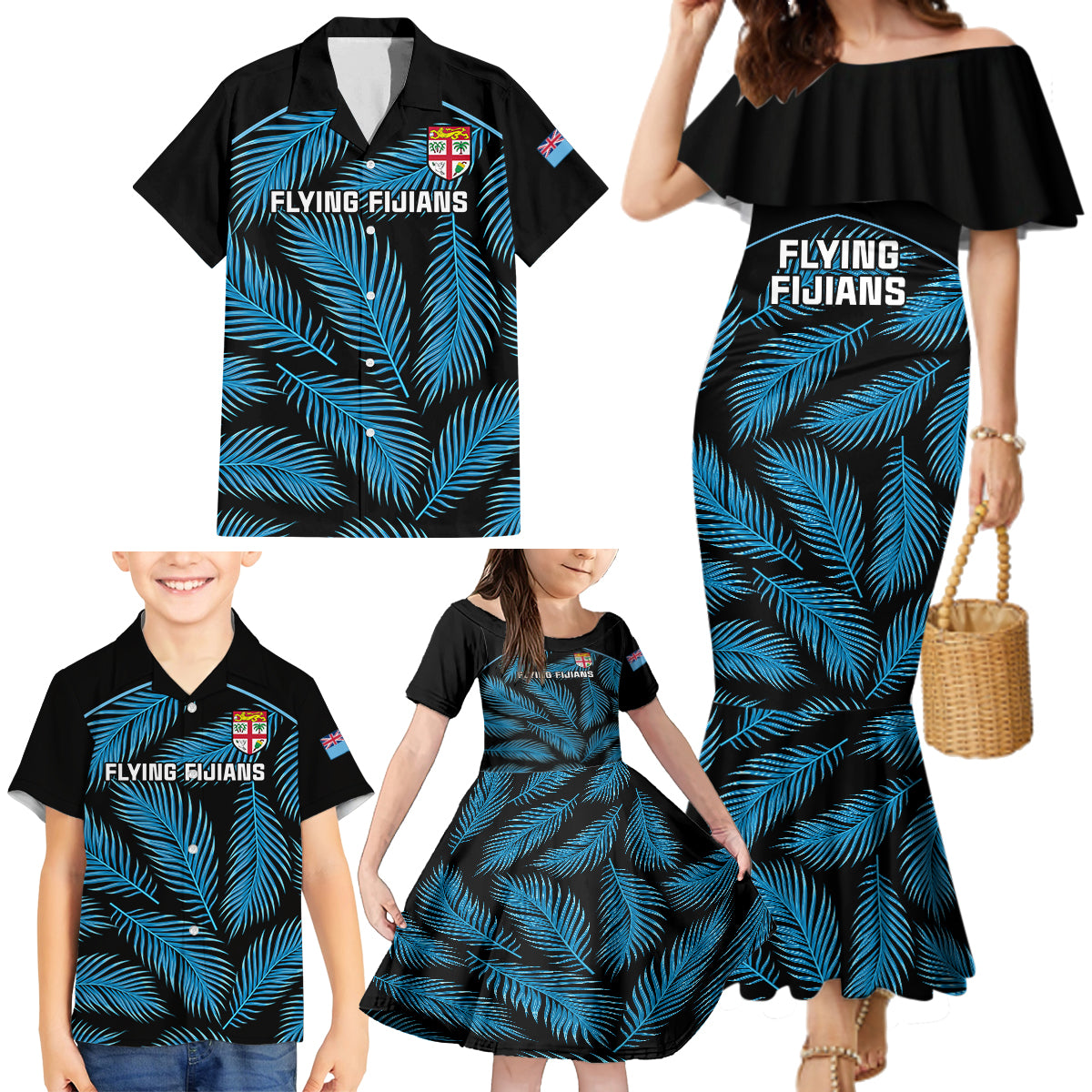 fiji-rugby-family-matching-mermaid-dress-and-hawaiian-shirt-flying-fijians-blue-palm-tree-version