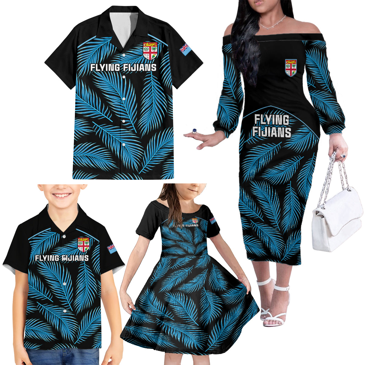 fiji-rugby-family-matching-off-shoulder-long-sleeve-dress-and-hawaiian-shirt-flying-fijians-blue-palm-tree-version