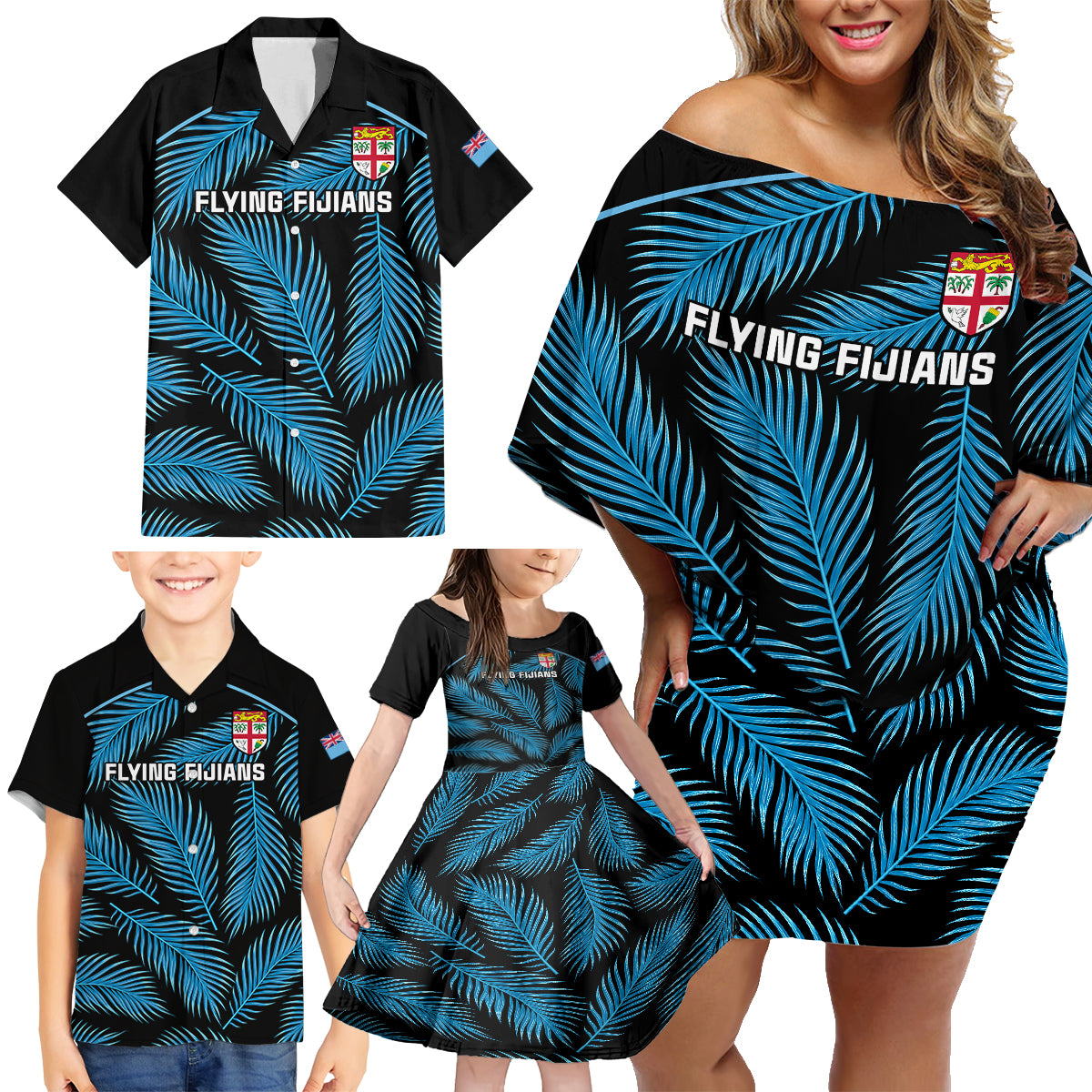 fiji-rugby-family-matching-off-shoulder-short-dress-and-hawaiian-shirt-flying-fijians-blue-palm-tree-version