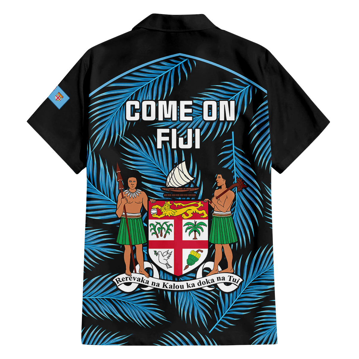 fiji-rugby-family-matching-off-shoulder-short-dress-and-hawaiian-shirt-flying-fijians-blue-palm-tree-version