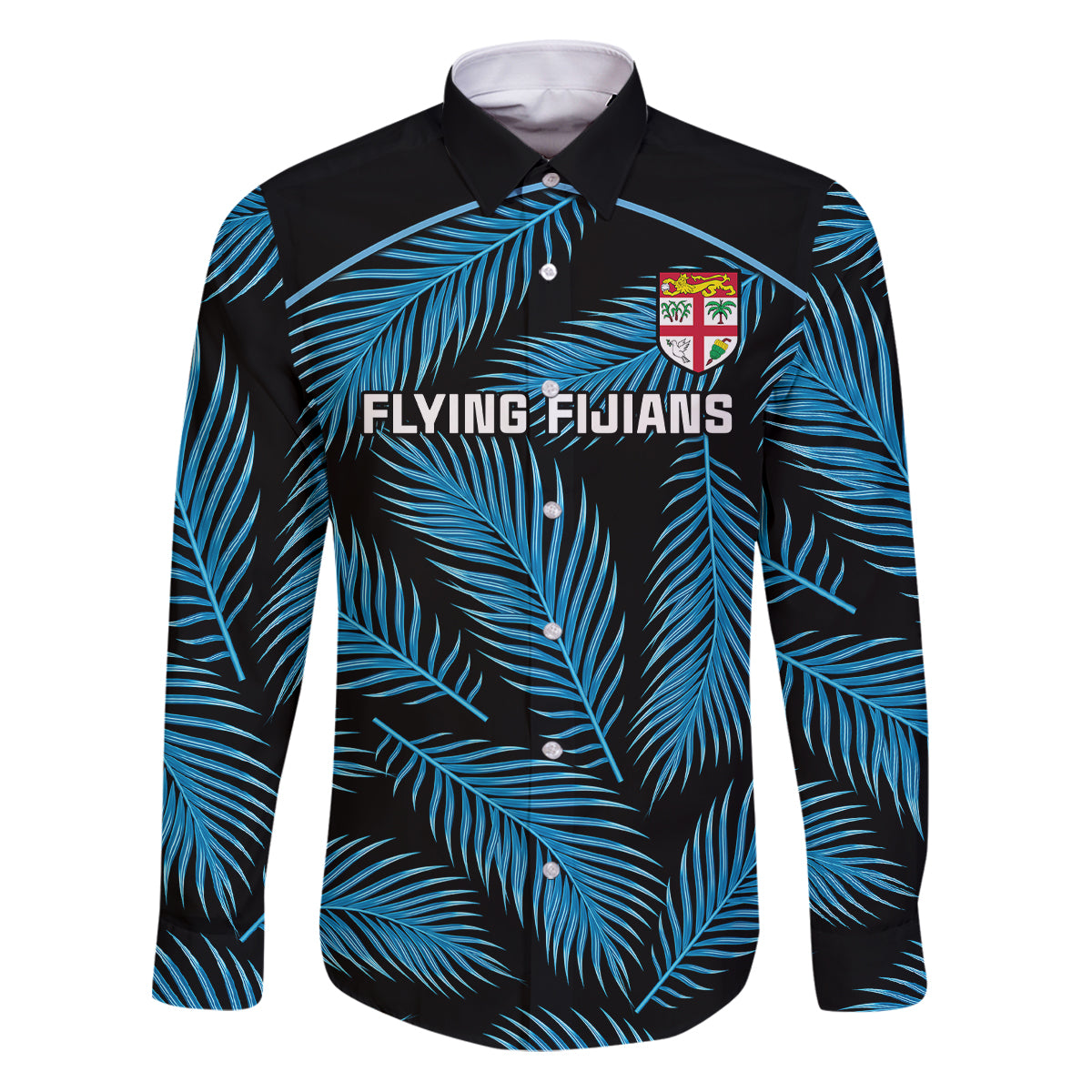 Fiji Rugby Family Matching Puletasi Dress and Hawaiian Shirt Flying Fijians Blue Palm Tree Version LT01 Dad's Shirt - Long Sleeve Black - Polynesian Pride