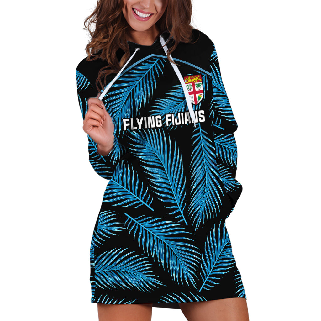 Fiji Rugby Hoodie Dress Flying Fijians Blue Palm Tree Version LT01 Black - Polynesian Pride