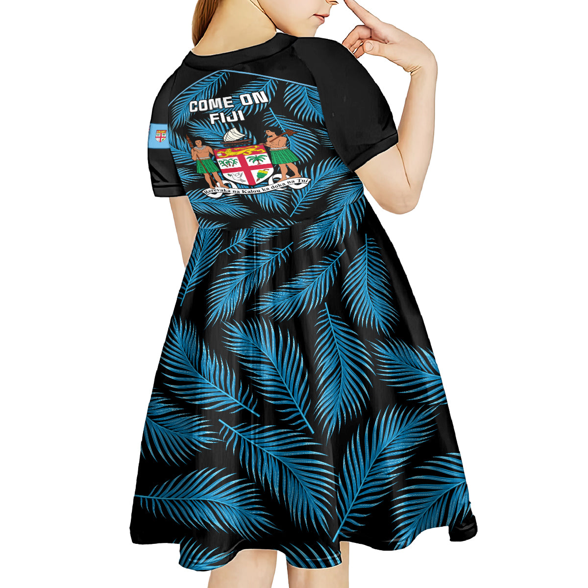 Fiji Rugby Kid Short Sleeve Dress Flying Fijians Blue Palm Tree Version LT01 - Polynesian Pride