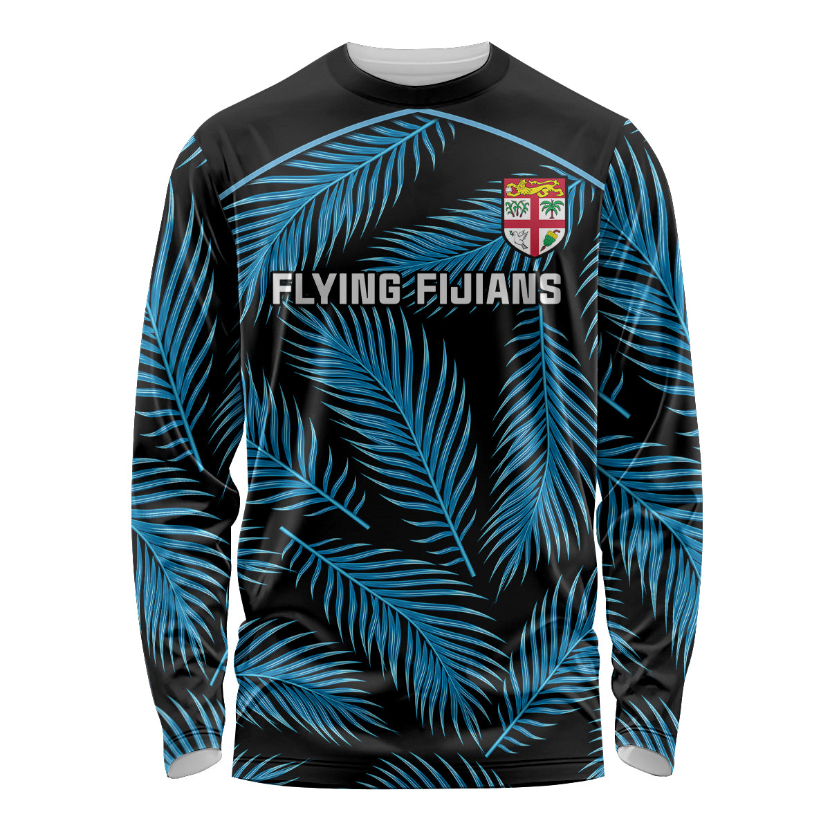 Fiji Rugby Long Sleeve Shirt Flying Fijians Blue Palm Tree Version LT01 Unisex Black - Polynesian Pride