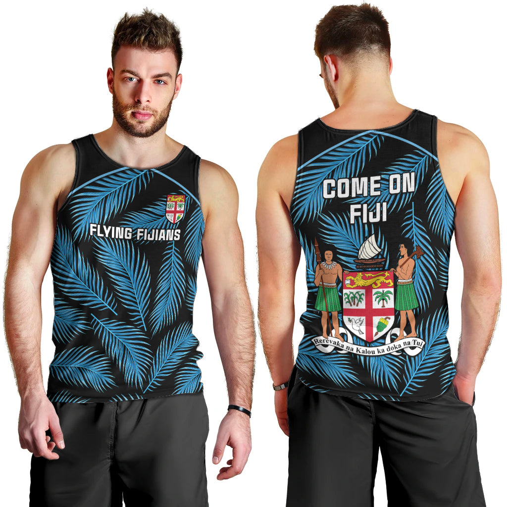 Fiji Rugby Men Tank Top Flying Fijians Blue Palm Tree Version LT01 - Polynesian Pride