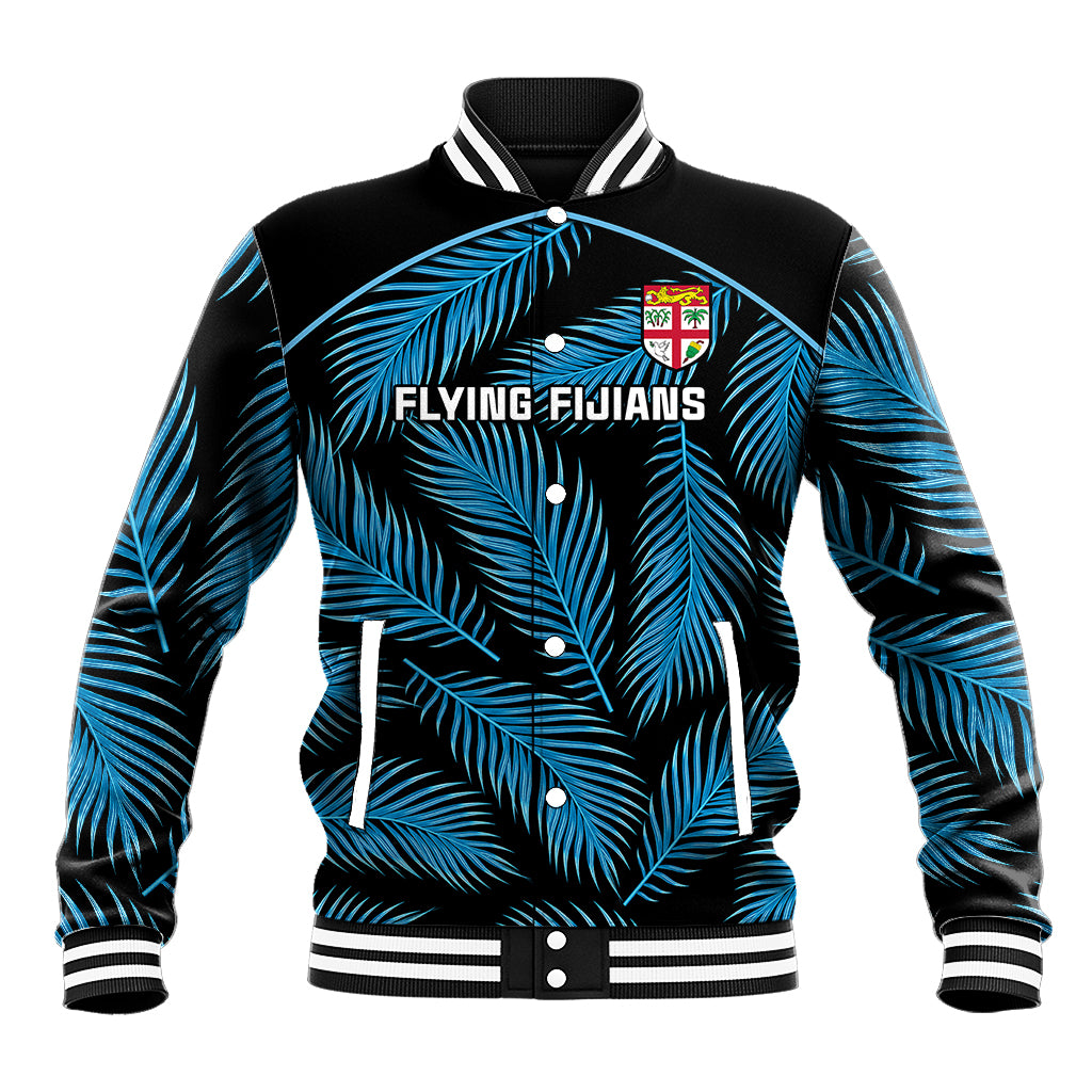 Custom Fiji Rugby Baseball Jacket Flying Fijians Blue Palm Tree Version LT01 Unisex Black - Polynesian Pride